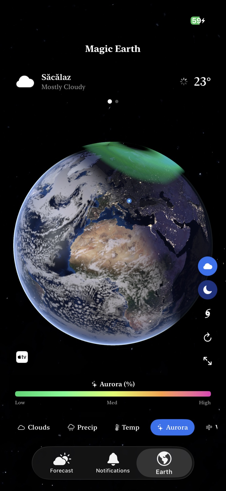 Magic Earth aurora probability overlay over Europe and North Africa