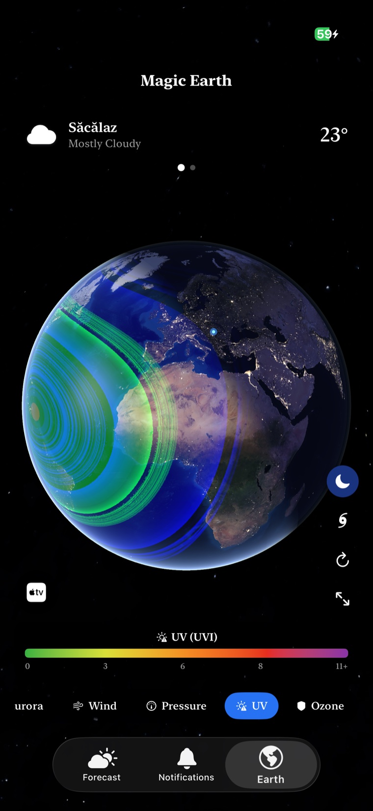 Magic Earth UV index overlay on the night-side globe