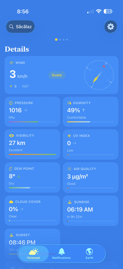 Magic Weather detail widgets including wind, pressure, humidity, visibility, UV, dew point, air quality, sunrise and sunset