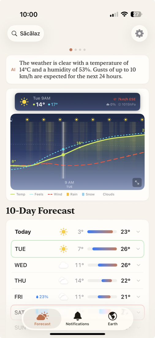 Forecast screen with AI weather brief and layered weather graph